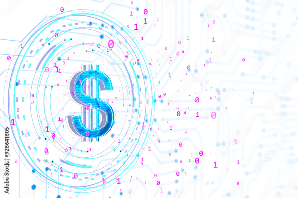 Poster Neon blue digital dollar sign surrounded by binary code on a white cyber background. Concept of digital currency and technology. 3D Rendering