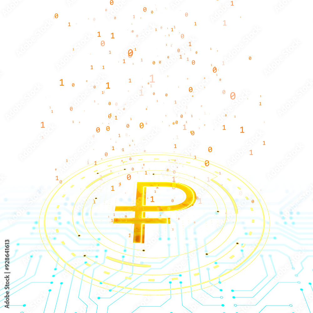 Poster A golden digital currency symbol surrounded by binary code on a futuristic white background, representing digital finance. 3D Rendering