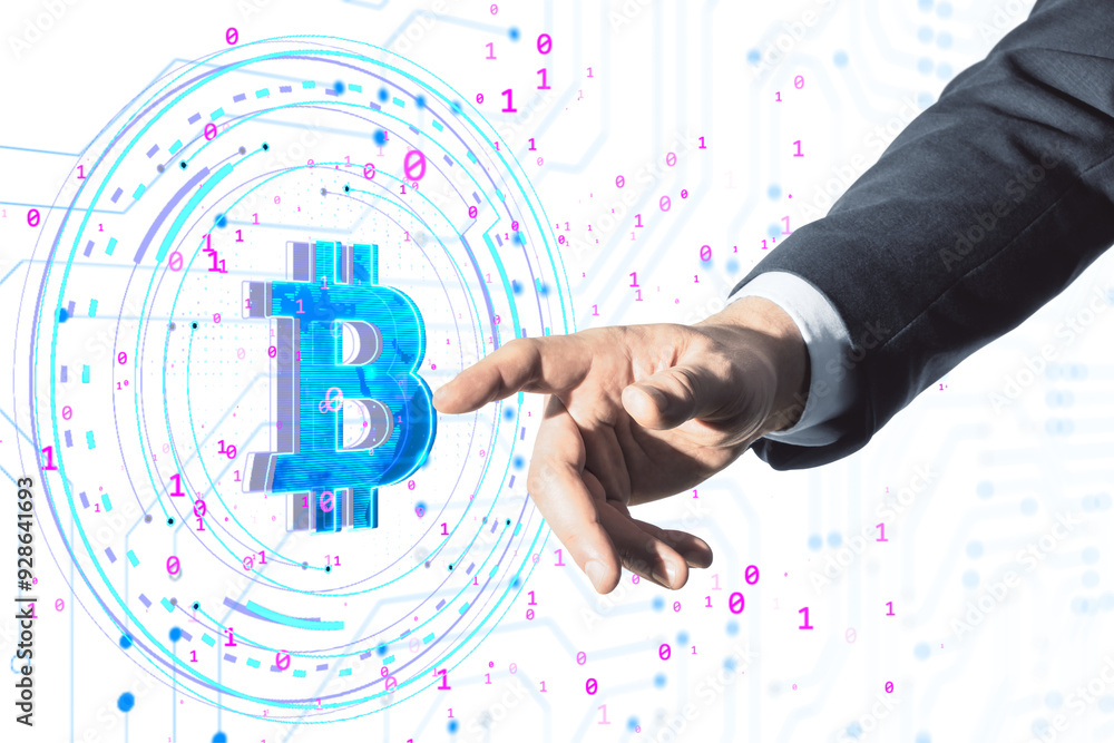 Poster Business person interacting with a holographic Bitcoin symbol, surrounded by binary code and digital elements, representing cryptocurrency and virtual finance concepts