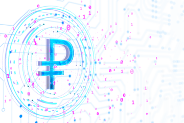 Digital Ruble symbol with neon blue lines and binary code on white background. Modern cyber currency and digital finance concept. 3D Rendering