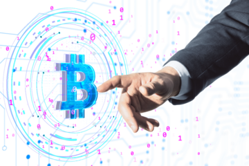 Business person interacting with a holographic Bitcoin symbol, surrounded by binary code and digital elements, representing cryptocurrency and virtual finance concepts