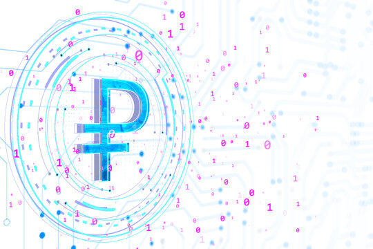 Digital Ruble symbol with neon blue lines and binary code on white background. Modern cyber currency and digital finance concept. 3D Rendering - Powered by Adobe