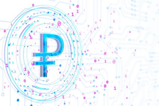 Digital Ruble symbol with neon blue lines and binary code on white background. Modern cyber currency and digital finance concept. 3D Rendering