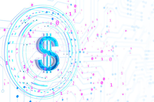 Neon blue digital dollar sign surrounded by binary code on a white cyber background. Concept of digital currency and technology. 3D Rendering