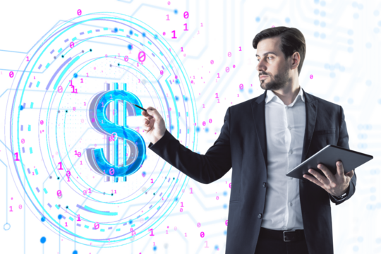 Businessman operates a holographic dollar sign on a white, cyber-themed background, symbolizing digital finance and currency