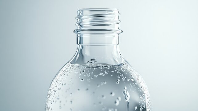 Close-up of an open plastic water bottle with bubbles against a light background. Refreshing, clean, and hydrating. Perfect for health and wellness themes.