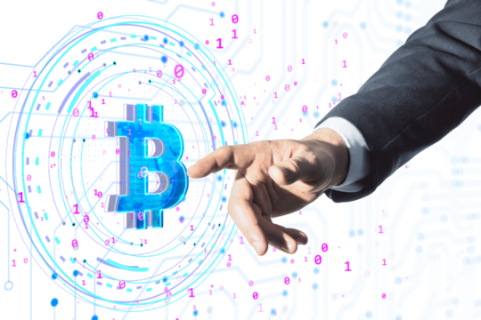 Business person interacting with a holographic Bitcoin symbol, surrounded by binary code and digital elements, representing cryptocurrency and virtual finance concepts