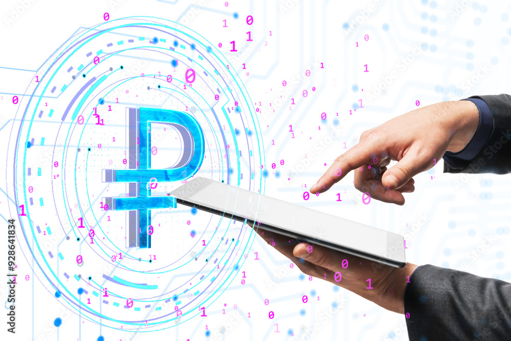 Poster Hands interacting with a tablet, displaying a digital ruble symbol surrounded by binary code. Modern digital currency concept on white background