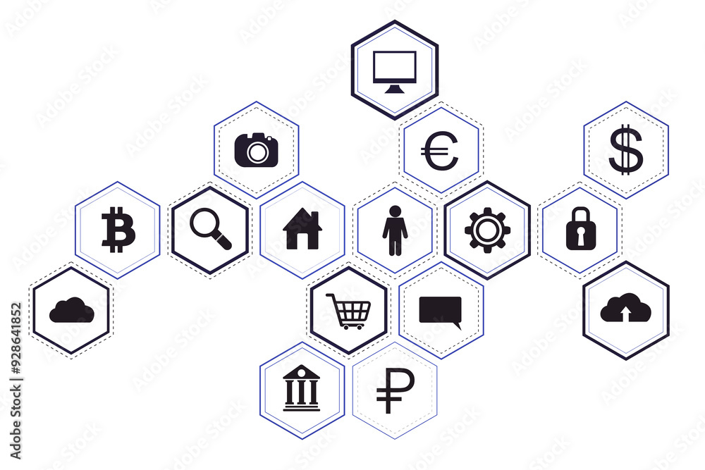 Poster Hexagonal icons with digital and financial symbols on a white background, representing technology and data concepts. 3D Rendering