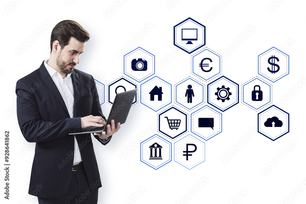 Poster businessman in a suit using a laptop with virtual icons on white background, representing modern tec