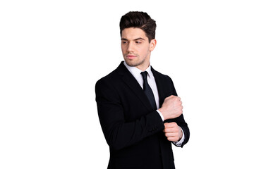 Portrait of charming gorgeous chairmen collar stylish prepare for work partnership concept feel relaxed bit nervous worried look wear classic fashionable clothes isolated on ashy-gray background