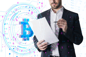 Businessman holding documents, surrounded by digital Bitcoin symbol and binary code overlay, on a white background. Concept of cryptocurrency and digital finance