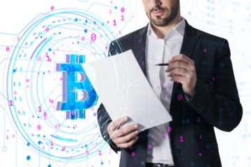 Businessman holding documents, surrounded by digital Bitcoin symbol and binary code overlay, on a white background. Concept of cryptocurrency and digital finance