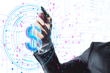 A businessman interacting with a holographic dollar sign in a digital space, surrounded by binary code. Concept of digital finance and technology