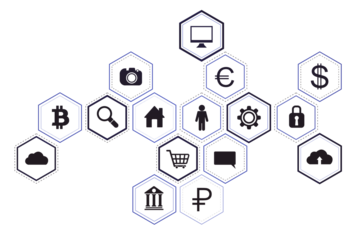 Hexagonal icons with digital and financial symbols on a white background, representing technology and data concepts. 3D Rendering
