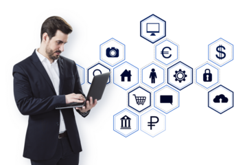 Businessman in a suit using a laptop with virtual icons on white background, representing modern technology and digital business concepts