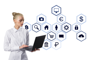 Businesswoman in white shirt using a laptop, surrounded by digital icons on white background. Concept of technology, virtual communication, and data