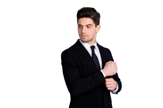 Portrait of charming gorgeous chairmen collar stylish prepare for work partnership concept feel relaxed bit nervous worried look wear classic fashionable clothes isolated on ashy-gray background - Powered by Adobe