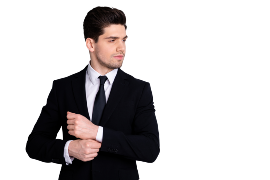 Portrait of handsome attractive lawyer feel relaxed content glad enjoy ready work project strategy startup leader leadership wear expensive classic clothes isolated on ashy-gray background - Powered by Adobe