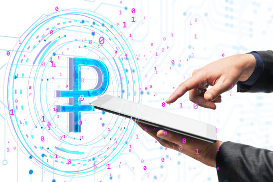 Hands interacting with a tablet, displaying a digital ruble symbol surrounded by binary code. Modern digital currency concept on white background