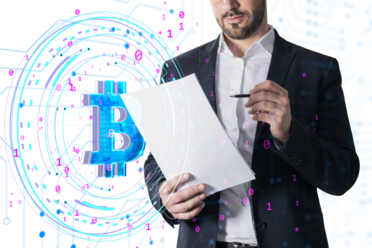 Businessman holding documents, surrounded by digital Bitcoin symbol and binary code overlay, on a white background. Concept of cryptocurrency and digital finance