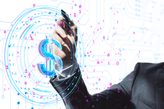 A businessman interacting with a holographic dollar sign in a digital space, surrounded by binary code. Concept of digital finance and technology