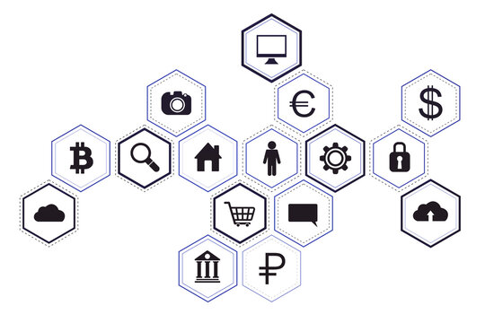 Hexagonal icons with digital and financial symbols on a white background, representing technology and data concepts. 3D Rendering