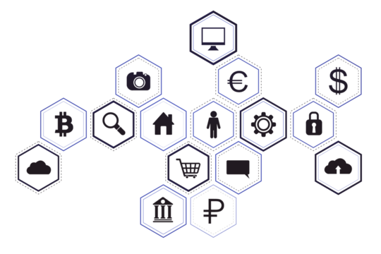 Hexagonal icons with digital and financial symbols on a white background, representing technology and data concepts. 3D Rendering - Powered by Adobe