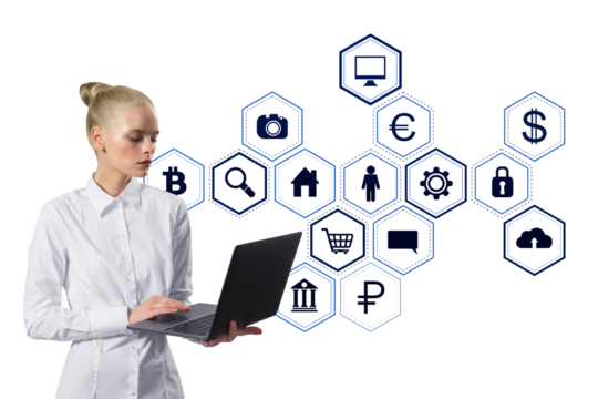 Businesswoman in white shirt using a laptop, surrounded by digital icons on white background. Concept of technology, virtual communication, and data