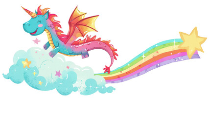 Cute dragon flying with rainbow and stars on transparent background
