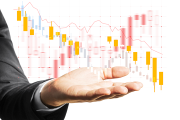 Businessman's hand holding digital stock market candles and graphs, white background. Concept of finance, investment, and virtual trading