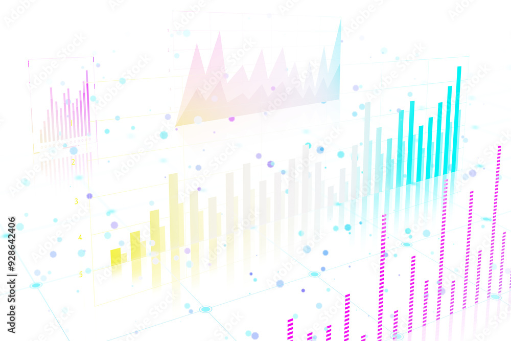 Aufkleber Multicolored bar and line graphs displayed on a white background. Digital holographic design concept. 3D Rendering