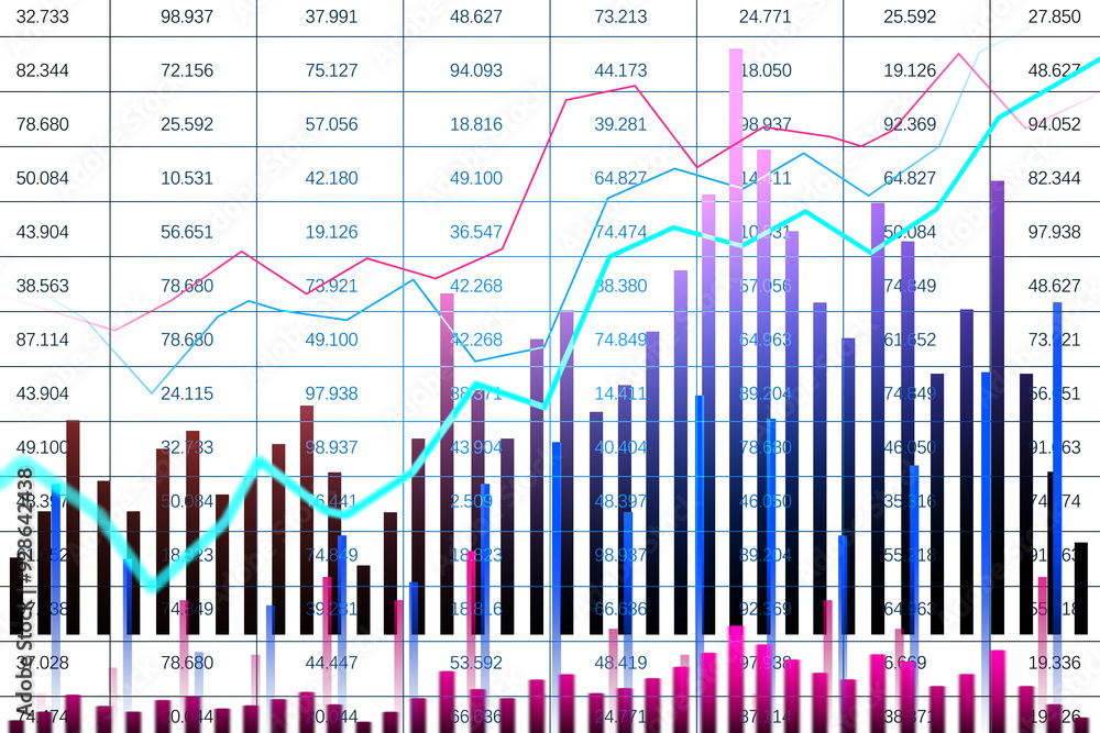 Poster Colorful bar and line chart on a white background. Represents financial data and trends. Modern digital data visualization concept. 3D Rendering