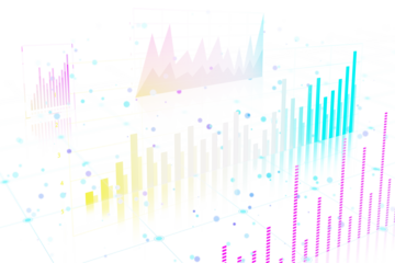 Multicolored bar and line graphs displayed on a white background. Digital holographic design concept. 3D Rendering