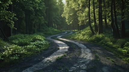 Fototapeta premium A winding dirt road amidst dense forest foliage