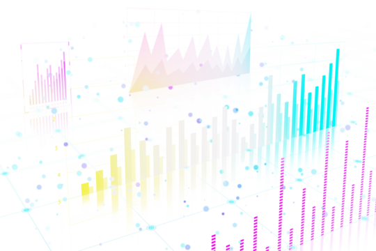 Multicolored bar and line graphs displayed on a white background. Digital holographic design concept. 3D Rendering