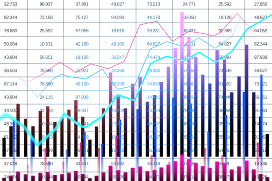 Colorful bar and line chart on a white background. Represents financial data and trends. Modern digital data visualization concept. 3D Rendering