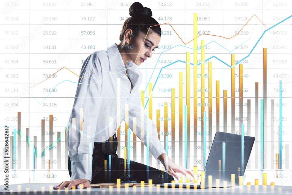 Poster businesswoman working on a laptop with financial graphs and charts overlayed. modern graphic style o