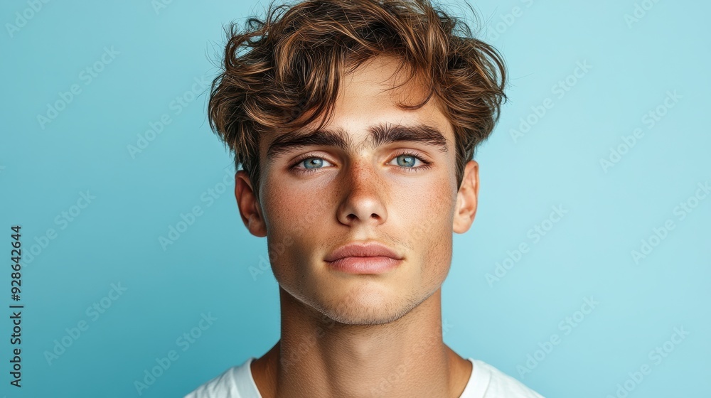 Wall mural Young man with modern haircut posing on blue background