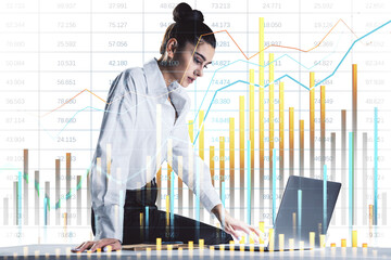 Businesswoman working on a laptop with financial graphs and charts overlayed. Modern graphic style on a white background. Concept of data analysis