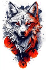 Naklejka premium Fierce Wolf with Red and Black Watercolor Splatter