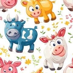 A colorful pattern featuring cartoon farm animals like cows and pigs among flowers.