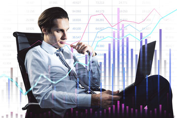 Businessman analyzing data on a tablet with various colorful financial graphs overlayed on a white background, representing financial analysis and investment concepts