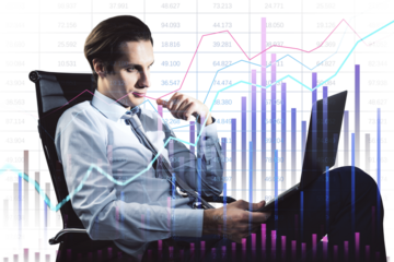Businessman analyzing data on a tablet with various colorful financial graphs overlayed on a white background, representing financial analysis and investment concepts
