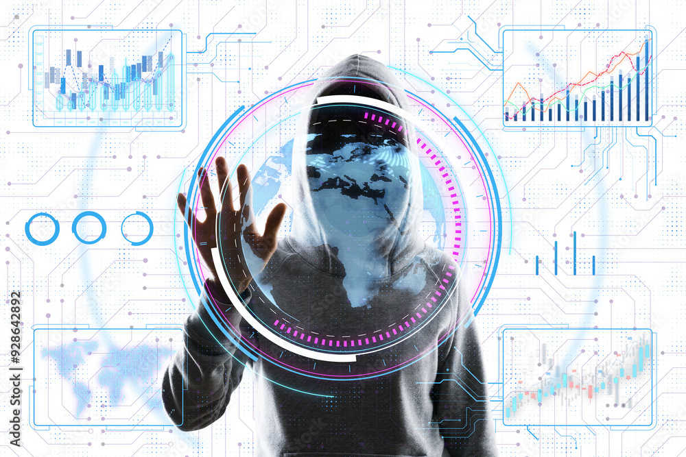 Aufkleber Hooded figure stands in front of digital holographic data charts. White background with glowing graphics. Concept of cyber security and data analysis