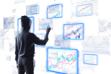A person wearing a hoodie interacts with various digital data screens. Concept of cybersecurity, data analysis, and digital technology