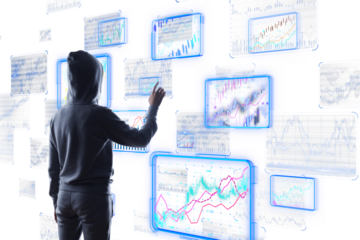 A person wearing a hoodie interacts with various digital data screens. Concept of cybersecurity, data analysis, and digital technology