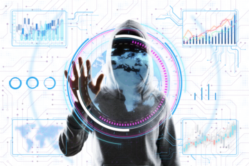 Hooded figure stands in front of digital holographic data charts. White background with glowing graphics. Concept of cyber security and data analysis