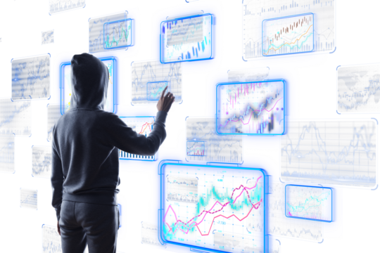 A person wearing a hoodie interacts with various digital data screens. Concept of cybersecurity, data analysis, and digital technology