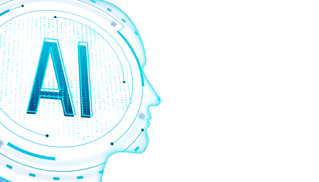 Human silhouette with AI text and digital elements on a white background. Concept of artificial intelligence. 3D Rendering
